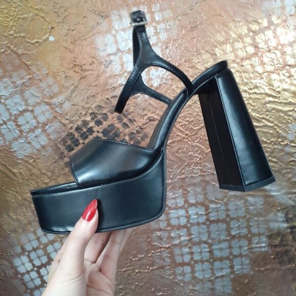 Zara Black Faux Leather Platform Heel Sandals - Picture 3 of 14